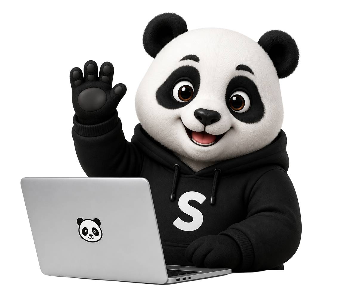 Mascote do SysPanda usando um notebook