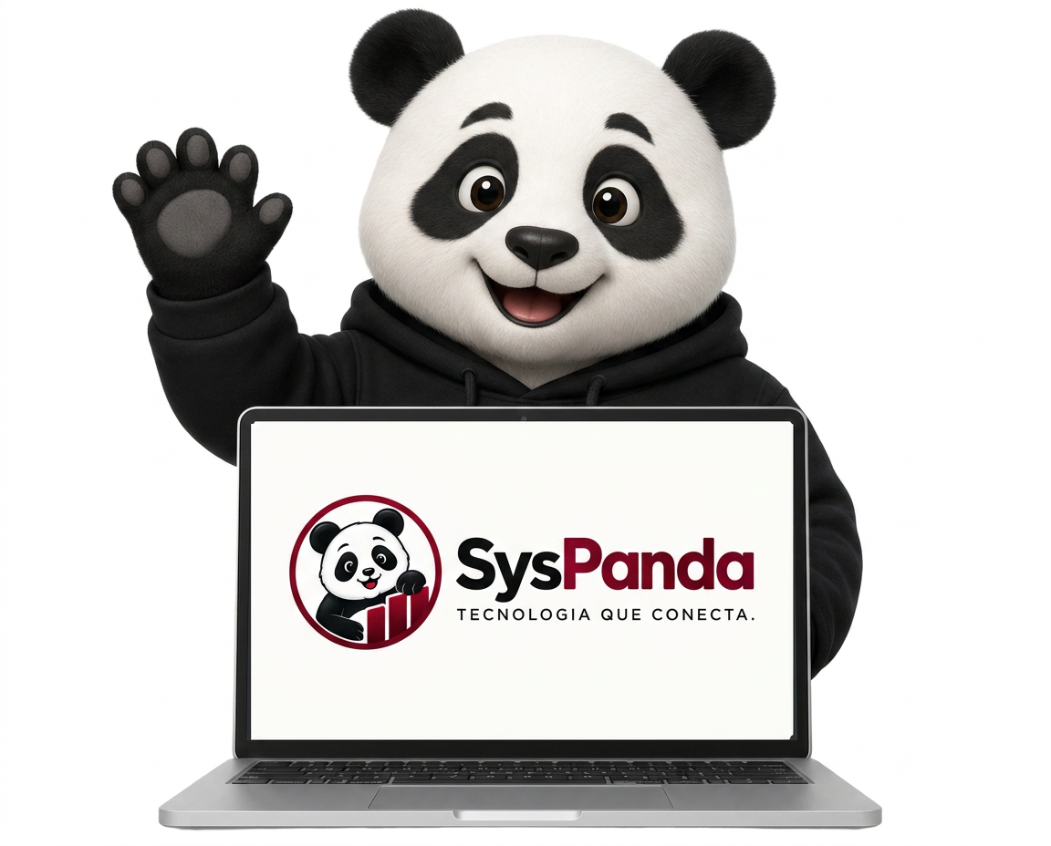 Mascote do SysPanda apresentando a solução SysPanda na tela do notebook